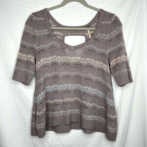 Free People Knit Sweater Size Small Grey Short Sleeve Striped Top 3/4 Sleeves